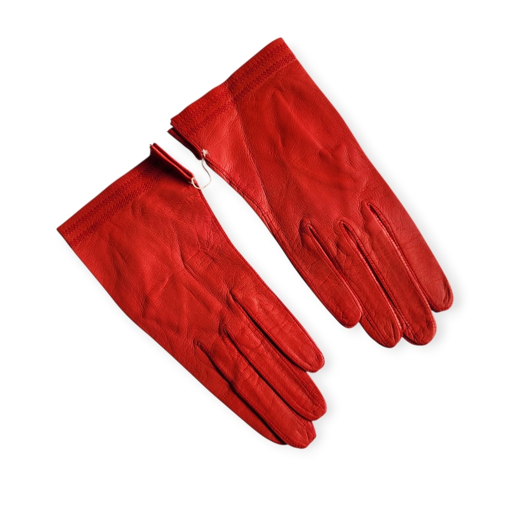 Vintage Perrin Red Leather Gloves 60s Midcentury Size 6 1/2